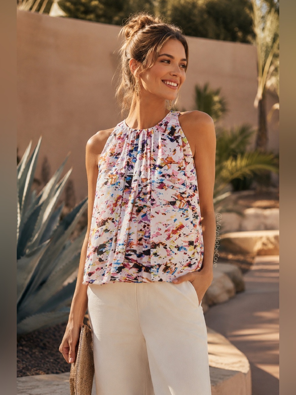 Rebecca Minkoff Abstract Painterly Print Pleated Sleeveless Multicolor Top Small
